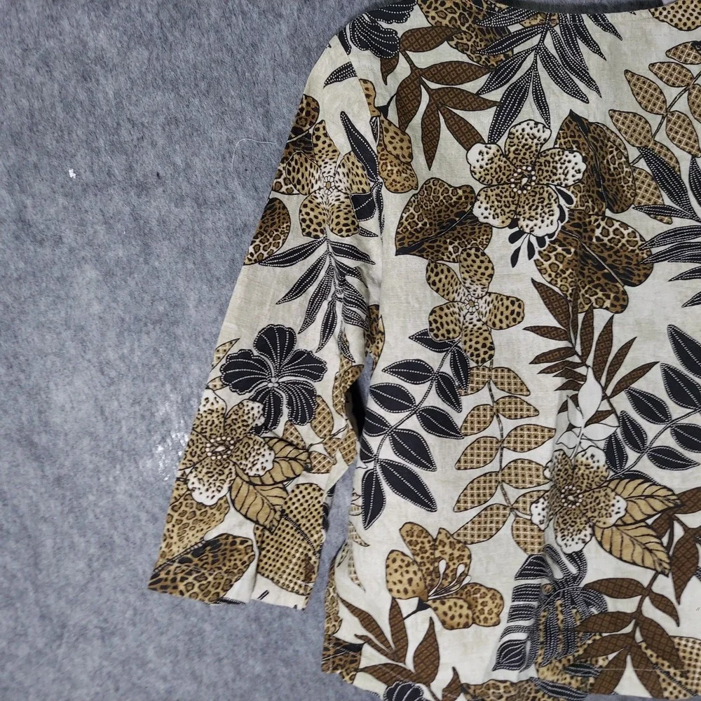 Hot Cotton Women Tunic M Tan Resort Safari Tropical Linen Floral Animal 3/4 Slve - Picture 6 of 7